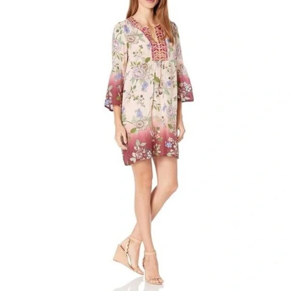 💕JOHNNY WAS💕 Flare Sleeve Tunic Dress ~ 100% Ramie Ombre Floral Print Medium - Picture 7 of 16